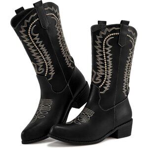⚡Women's Black Pointed Toe Embroidered Mid Calf Western Cowgirl Boot Chunky Heel
